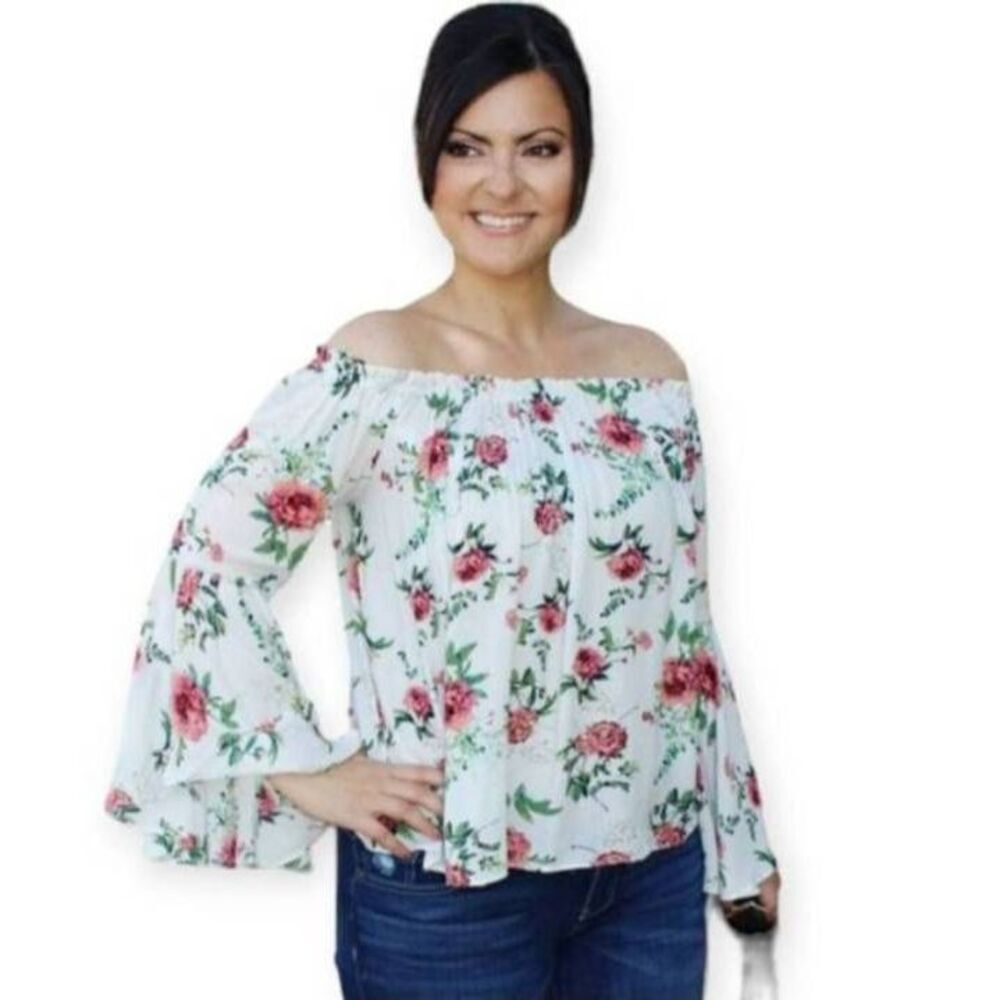 CASTING L.A. PINK & CREAM FLORAL BELL SLEEVE OFF-THE-SHOULDER TOP SZ.S EUC.